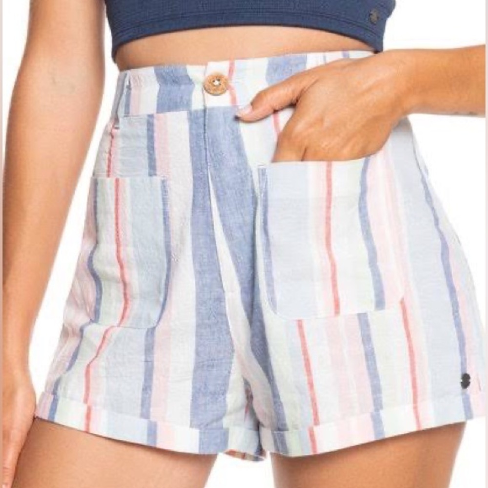 Roxy Better Chance straight fit shorts cotton linen blend with colorful stripes
